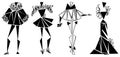 Silhouettes of fashion suits set in a geometric black and white style. Mannequin costume shape isolated art. Decorative beauty ill Royalty Free Stock Photo